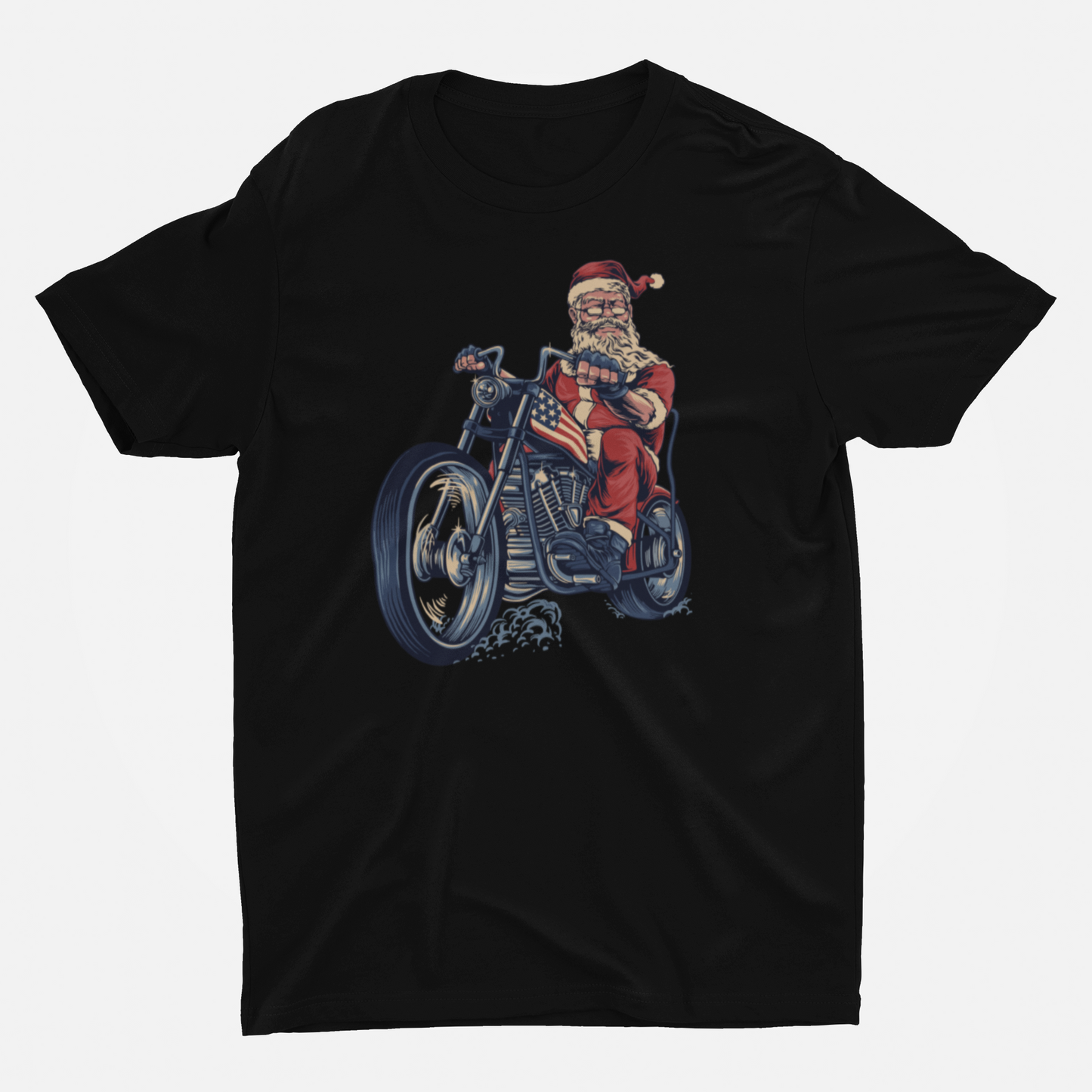Riding Santa Black Round Neck T-Shirt for Men.