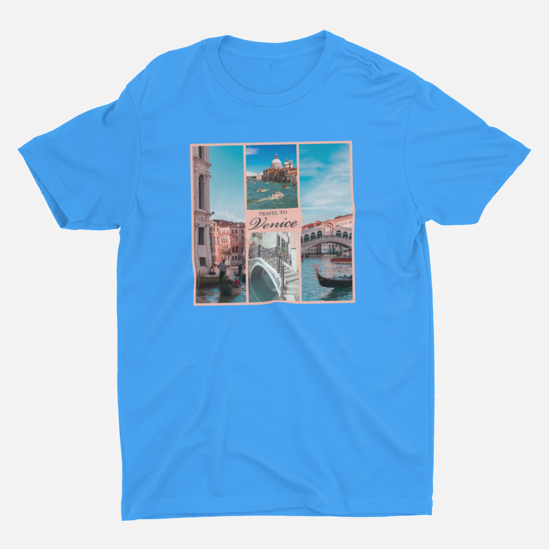 Travel To Venice Sky Blue Round Neck T-Shirt for Men. 