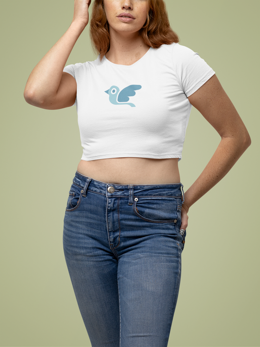 Blue Bird White Round Neck Crop Top for Women