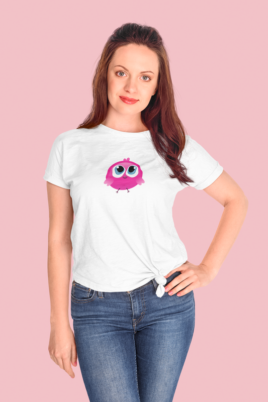 Cute Bird White Round Neck T-Shirt for Women