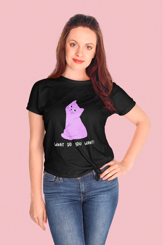 Purple Cat Black Round Neck T-Shirt for Women