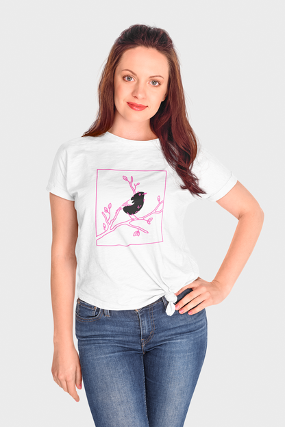 Black Bird White Round Neck T-Shirt for Women. 