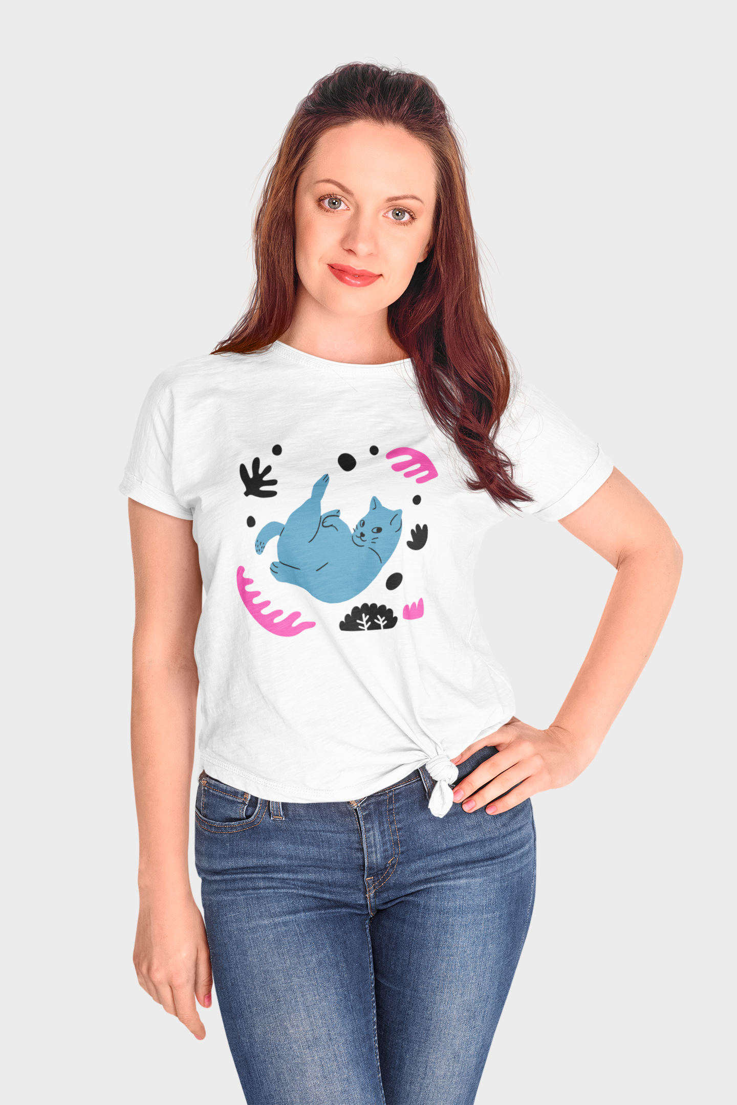 Blue Cat White Round Neck T-Shirt for Women. 