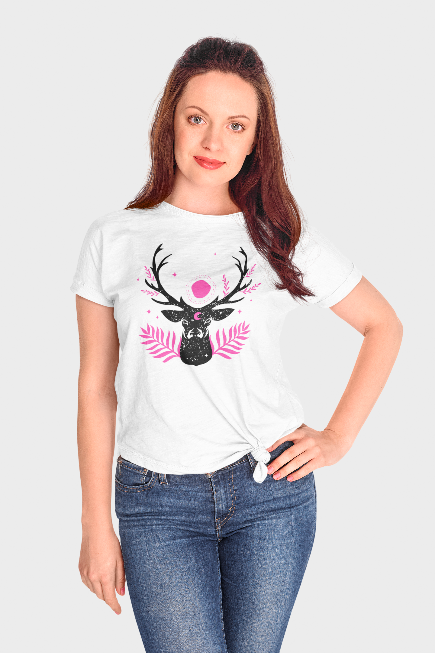 Black Deer head White Round Neck T-Shirt for Women. 
