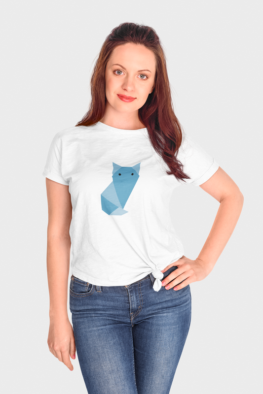 Blue Cat White Round Neck T-Shirt for Women