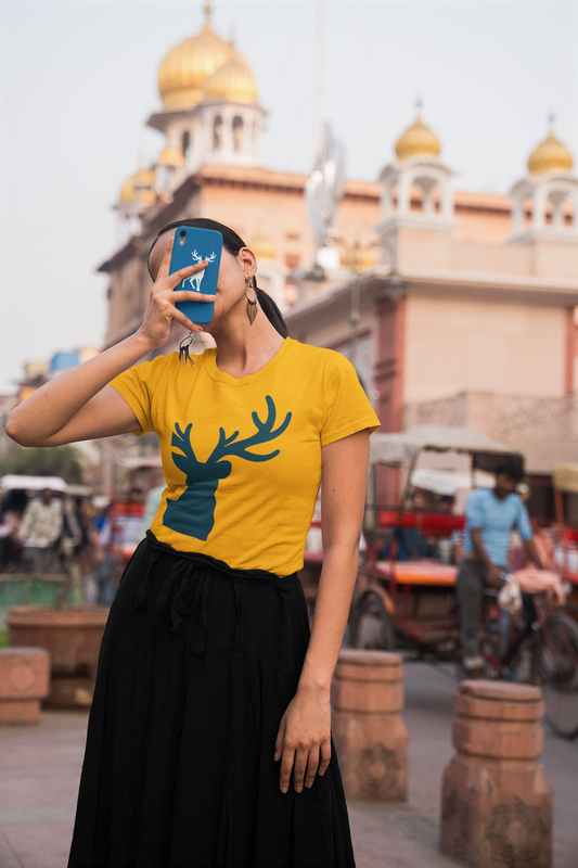 ATOM Signature Cropped Deer Mustard Yellow T-Shirt for Women. 