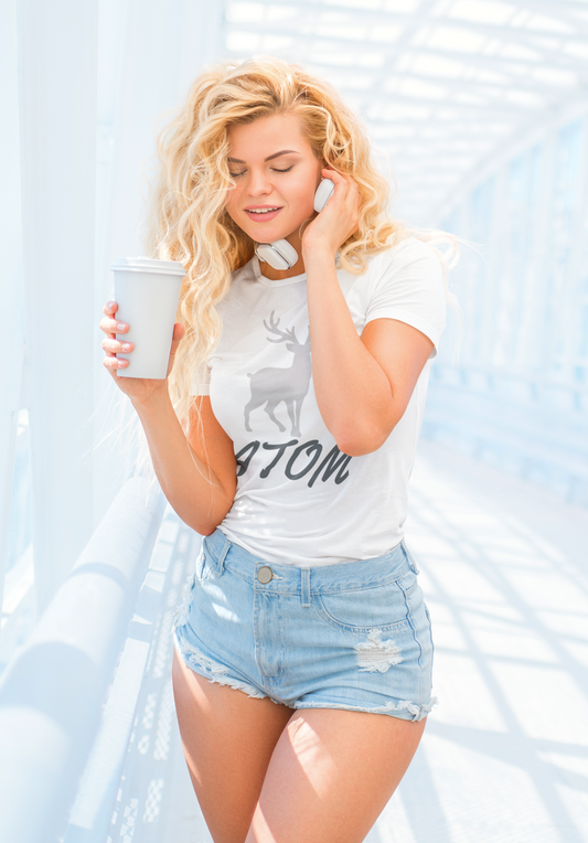 ATOM Signature Grey Deer Italics Font White T-Shirt for Women. 