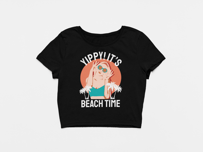 Yippie! Its Beach Time Black Crop Top For Women - ATOM