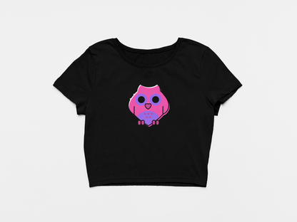 Cute Bird Black Round Neck Crop Top for Women