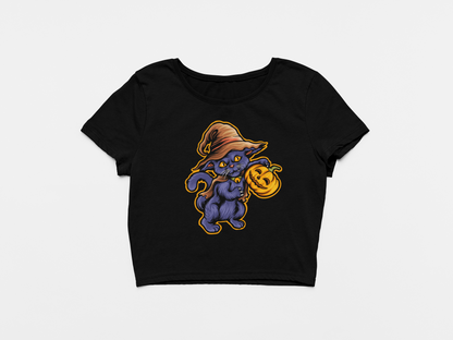Halloween Cat Black Crop Top For Women. 