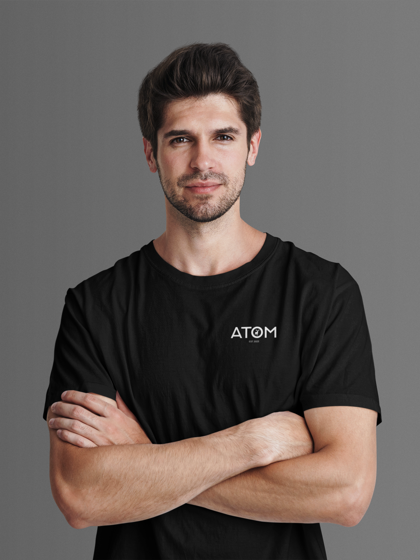 ATOM Logo Basic Black Round Neck T-Shirt for Men.