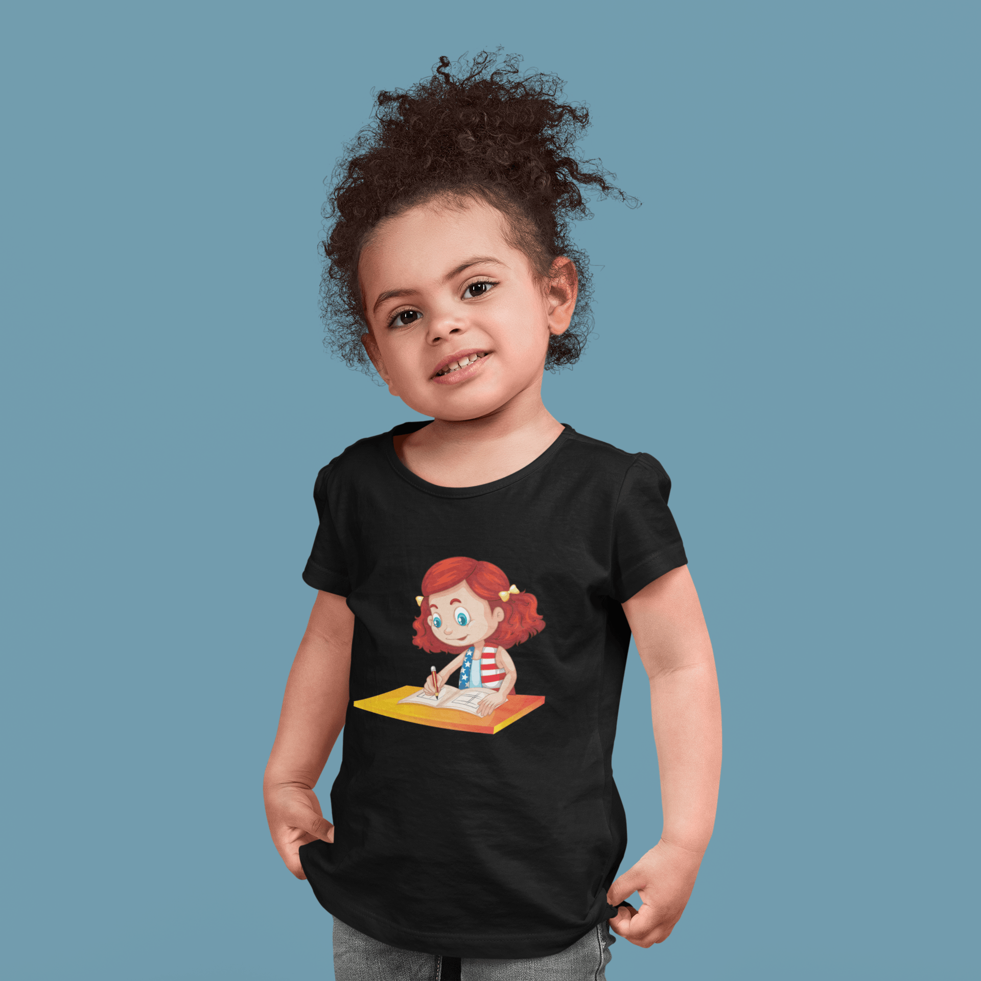 Kids Figures Girl Studying Black T-Shirt - ATOM
