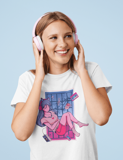 Anime Cool Girl With headphone White T-Shirt For Women - ATOM