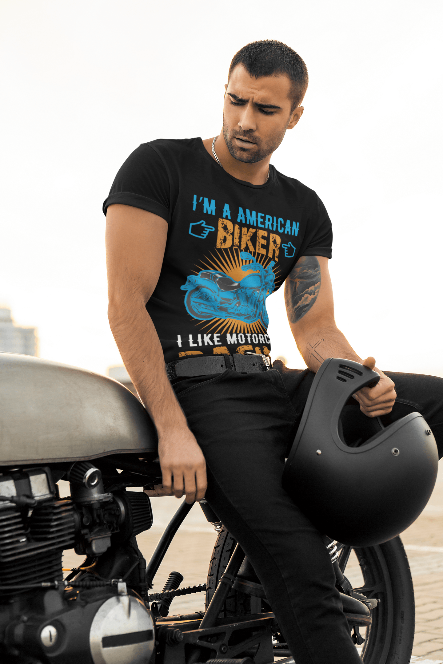 I Am American Biker Black T-Shirt For Men - ATOM