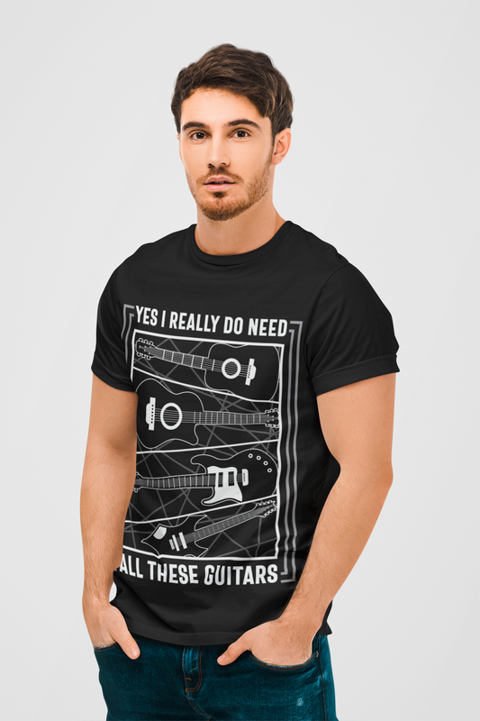 I Need All Guitars Black Round Neck T-Shirt for Men