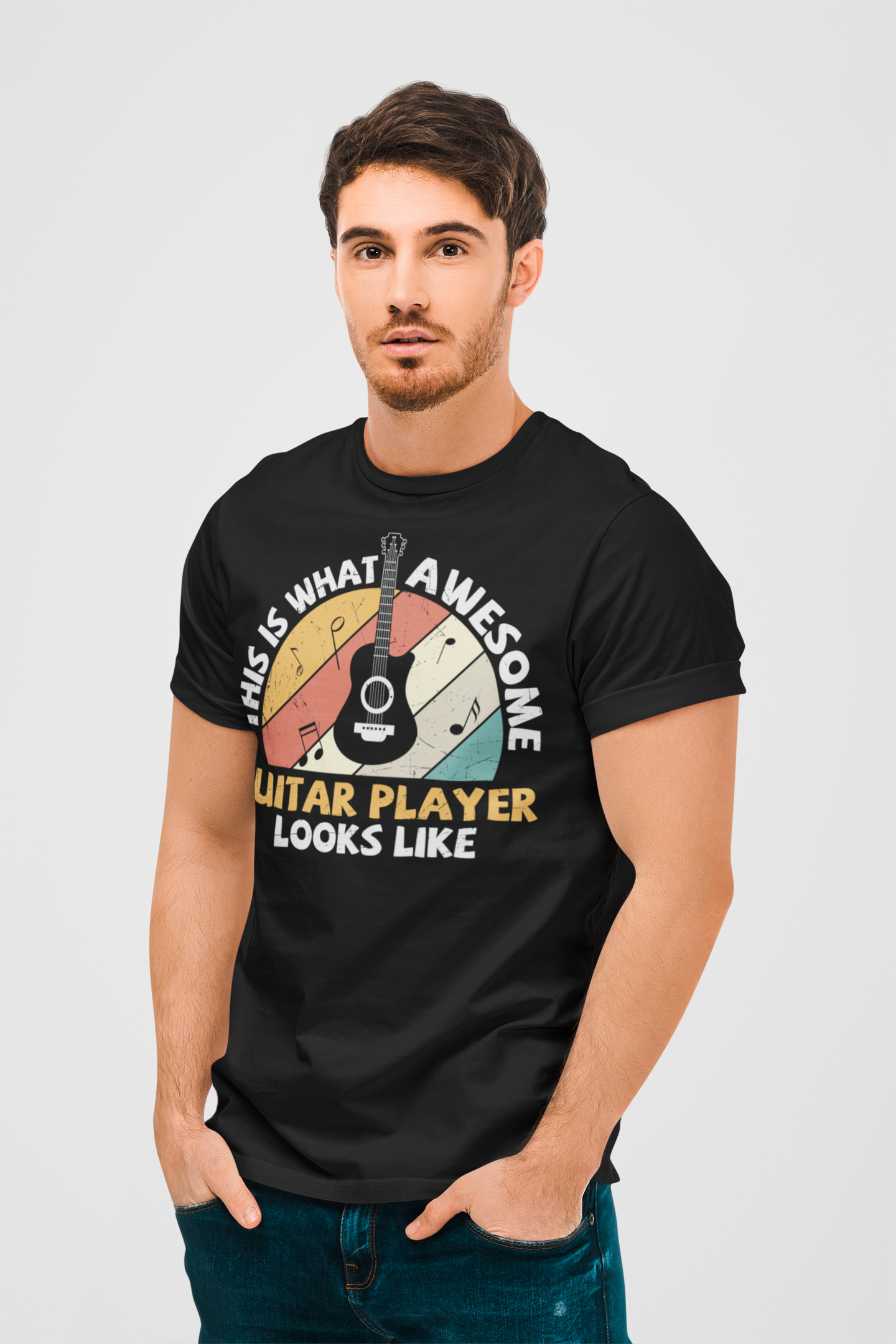 Awesome Guitar Player Black Round Neck T-Shirt for Men