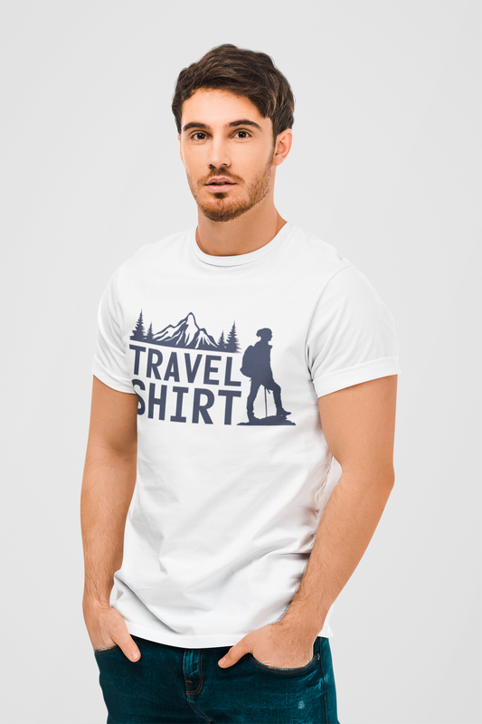 Travel Shirt White Round Neck T-Shirt for Men