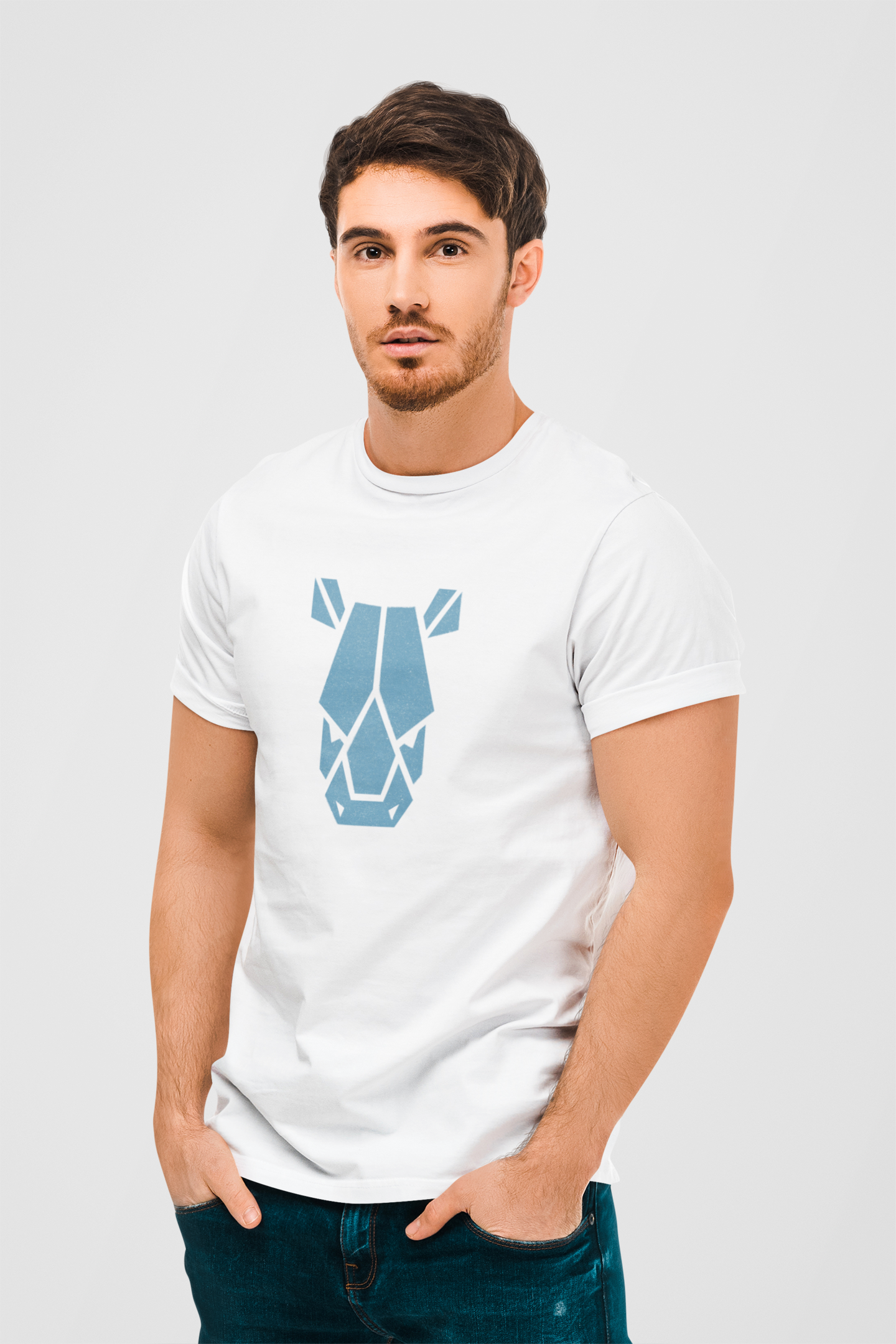 Blue Robot Face White Round Neck T-Shirt for Men