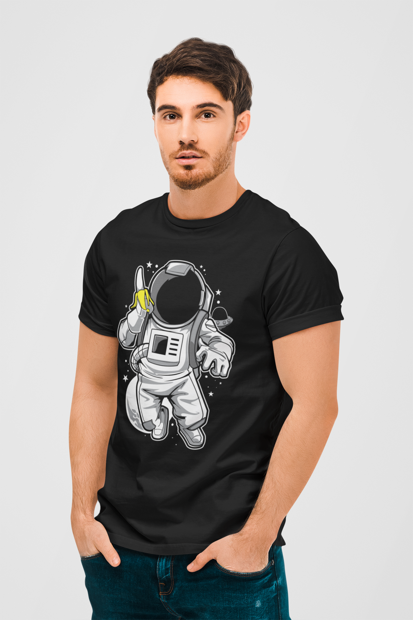 Astronaut Banana Black Round Neck T-Shirt for Men.