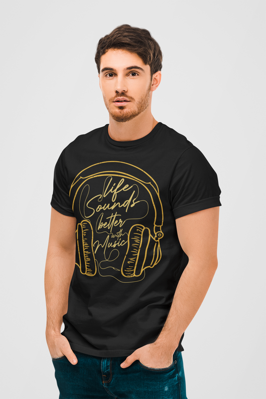 Life Sounds Better With Music Black Round Neck T-Shirt for Men