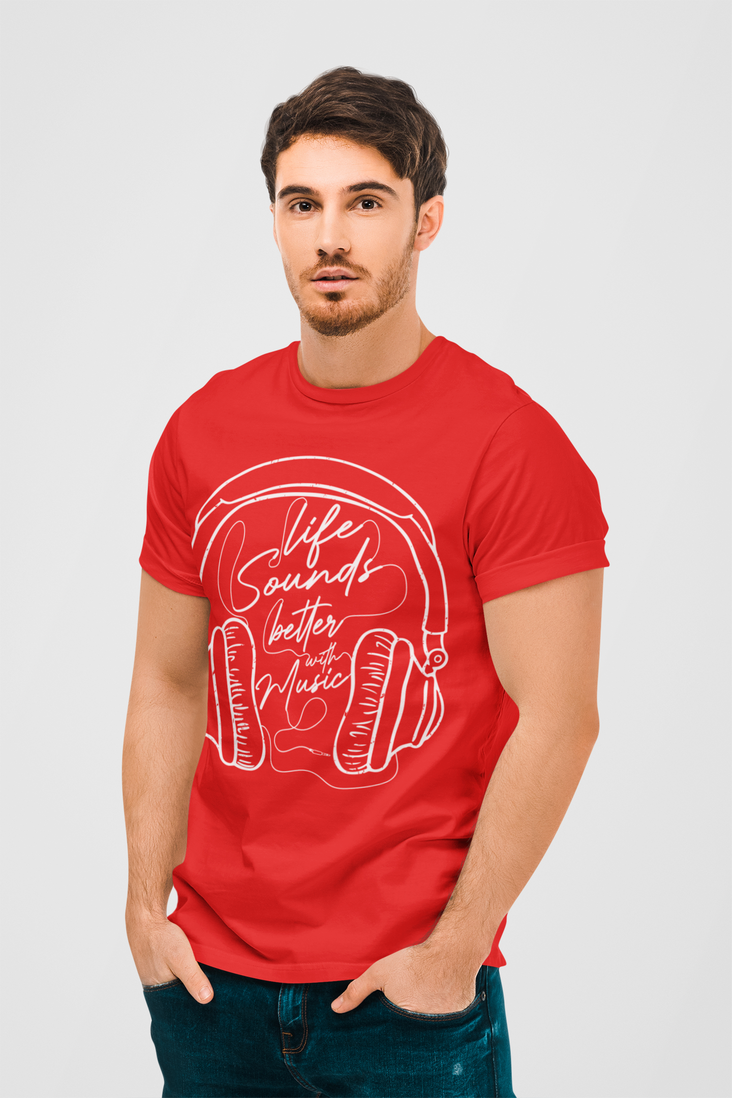 Life Sounds Better With Music Red Round Neck T-Shirt for Men