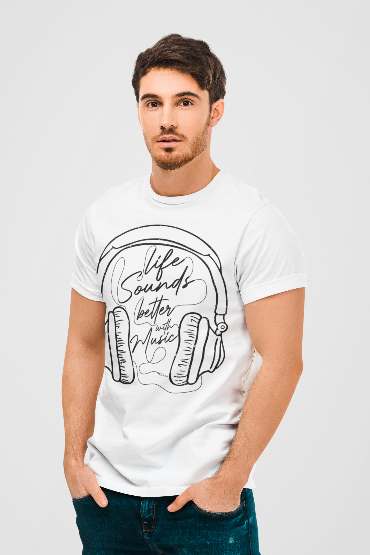 Life Sounds Better With Music White Round Neck T-Shirt for Men