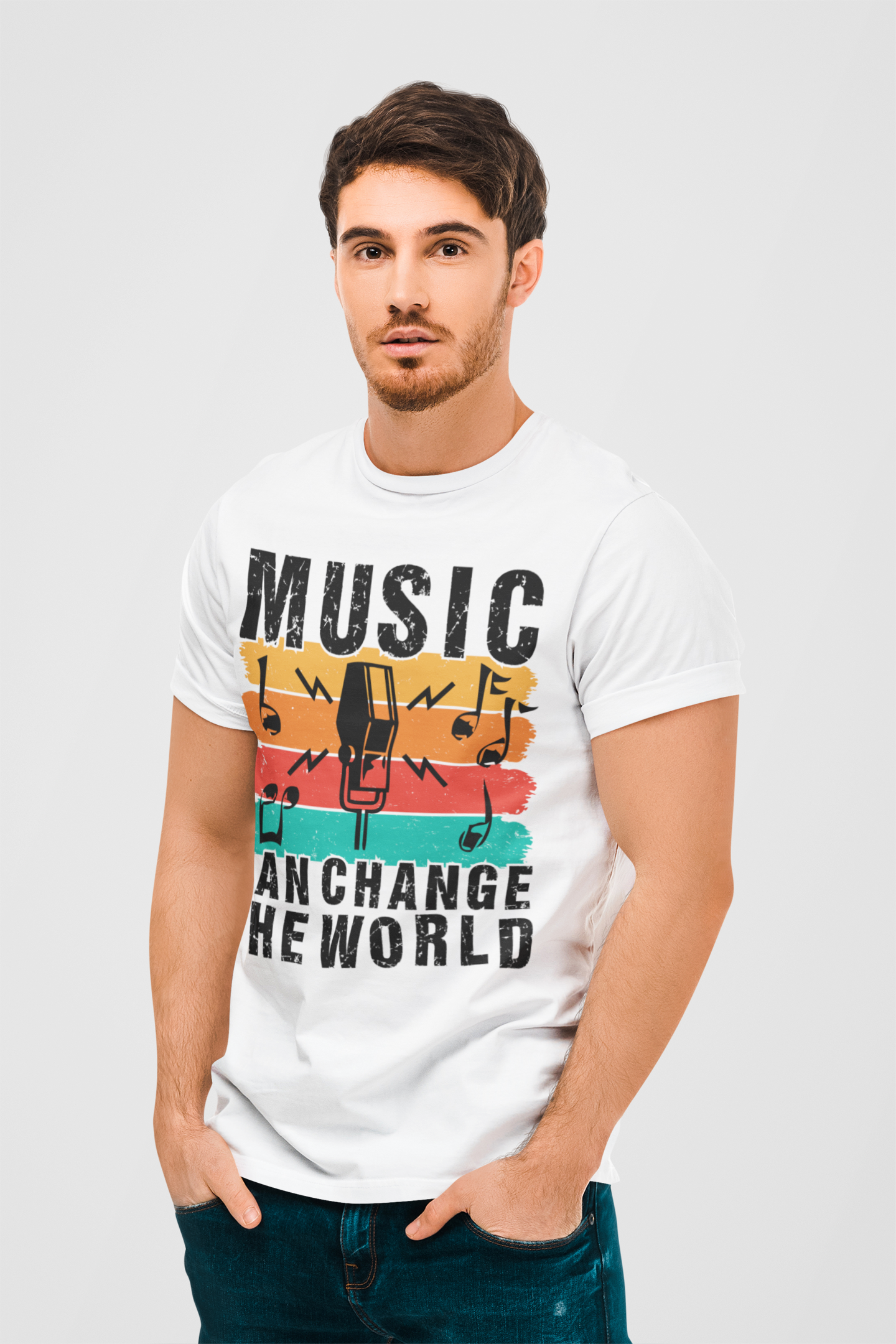 Music Can Change The World White Round Neck T-Shirt for Men