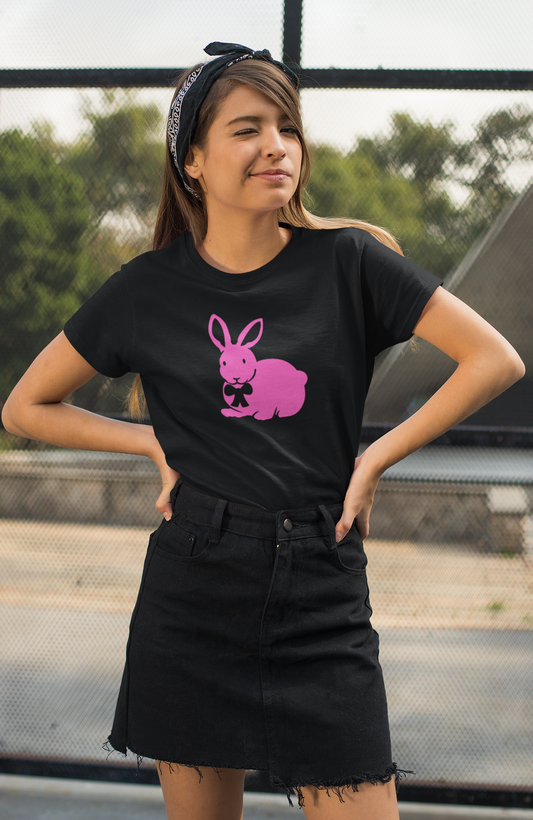 Easter Rabbit Black Round Neck T-Shirt for Women. 