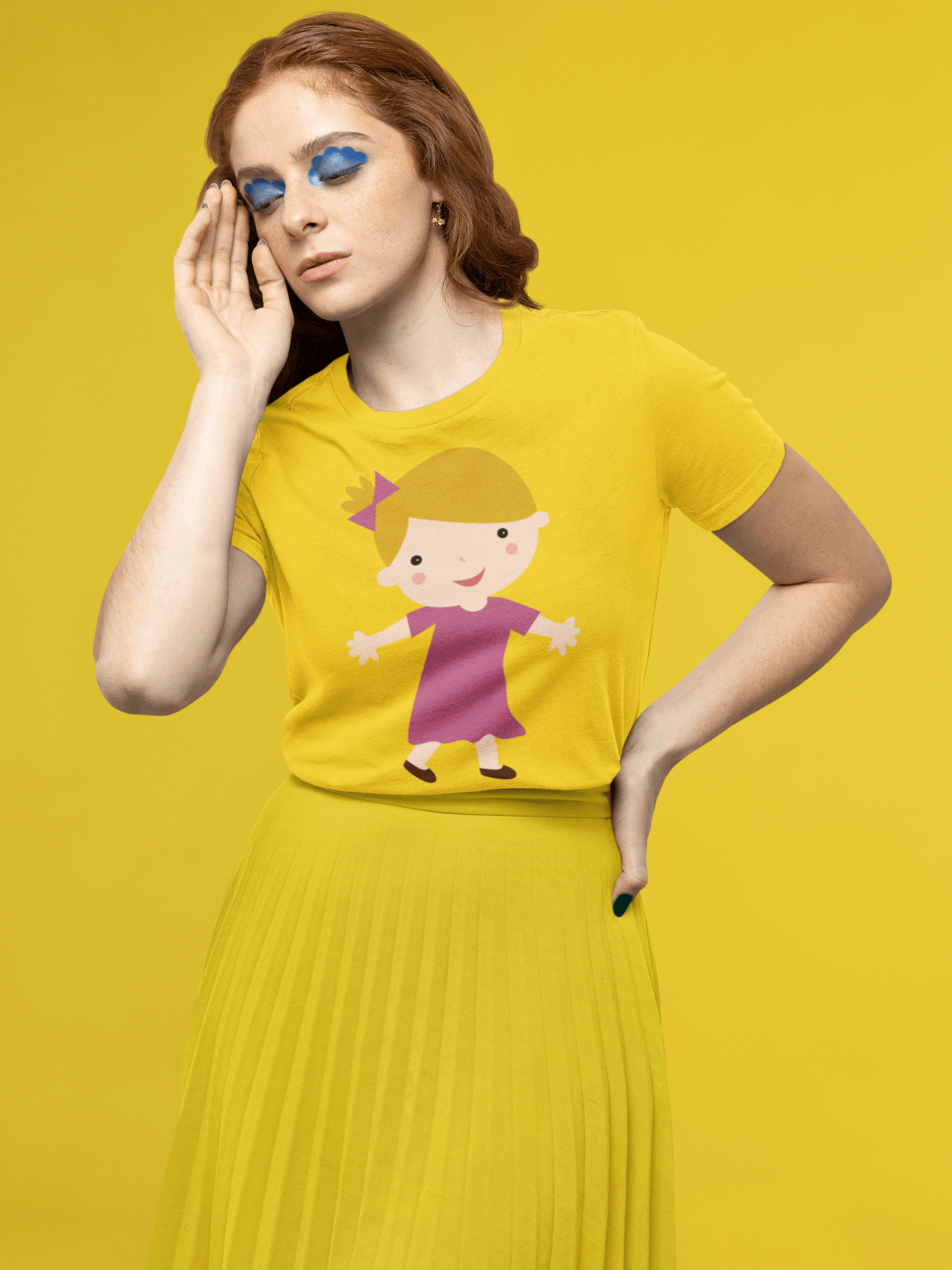 Blond Girl On Mustard Yellow T-Shirt - ATOM