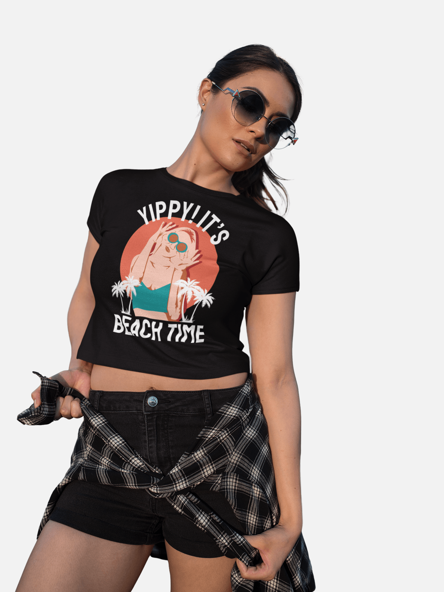 Yippie! Its Beach Time Black Crop Top For Women - ATOM