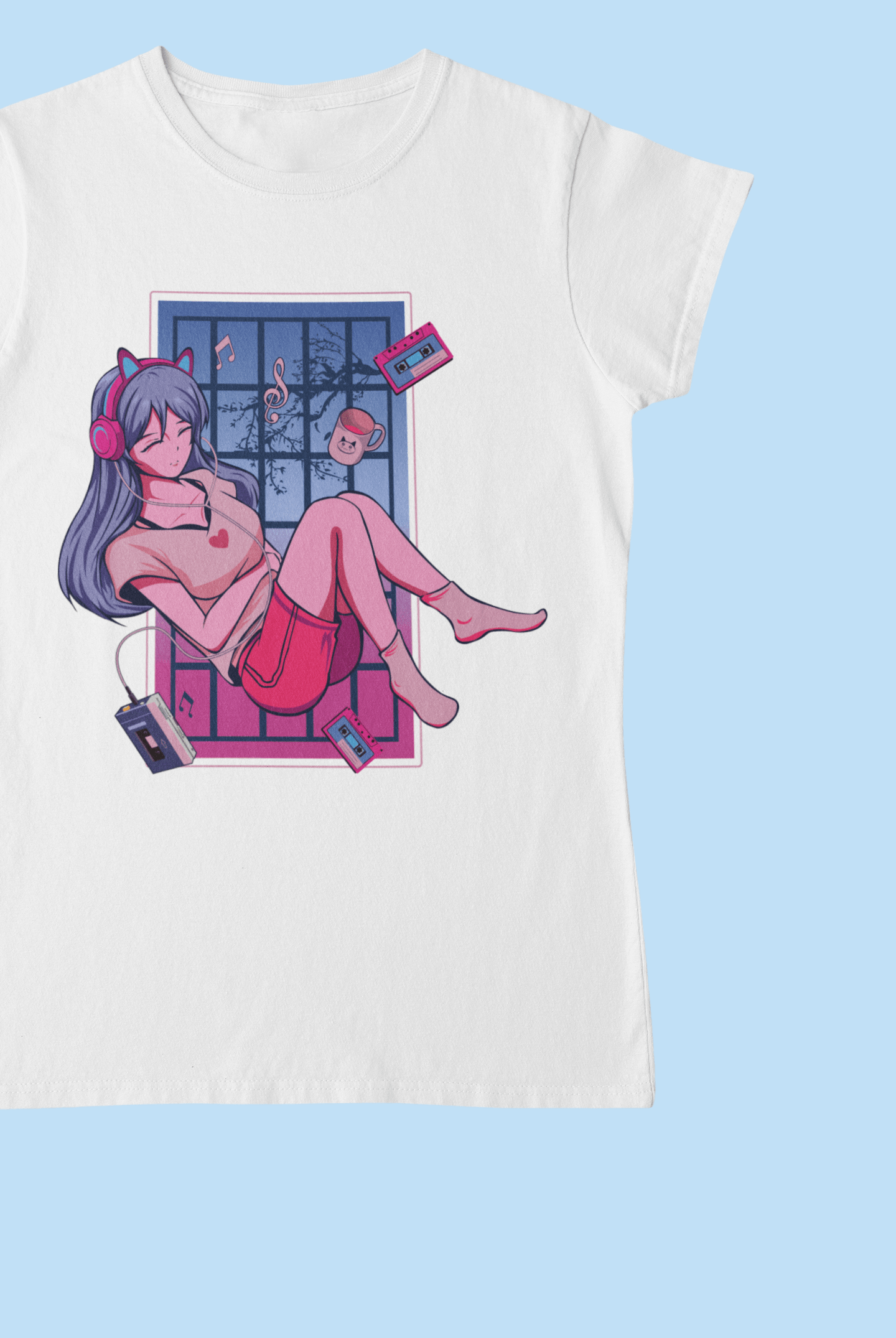 Anime Cool Girl With headphone White T-Shirt For Women - ATOM