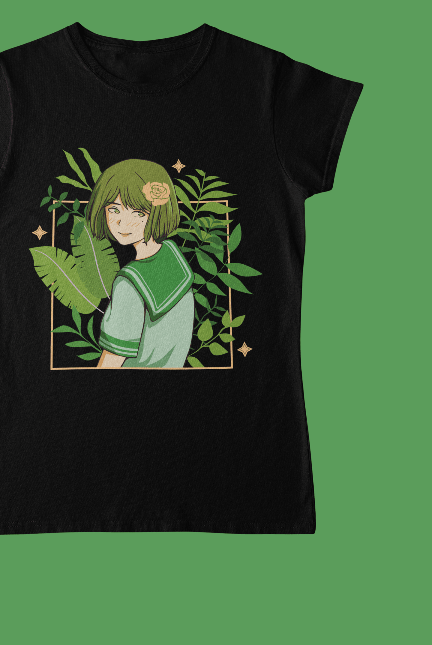 Anime Girl With Yellow Rose Black T-Shirt For Women - ATOM