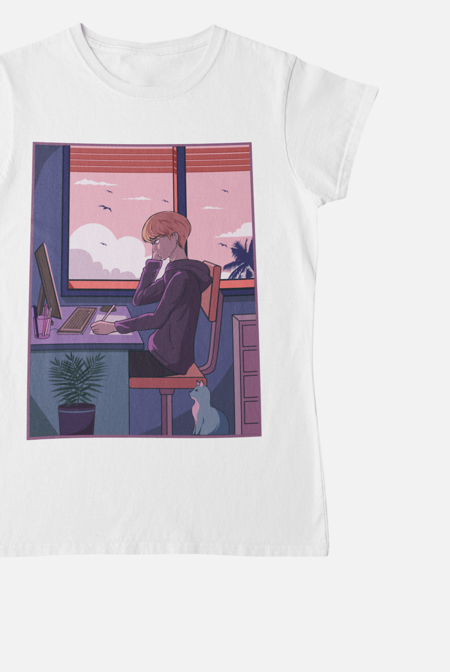 Anime Girl Working White T-Shirt For Women - ATOM