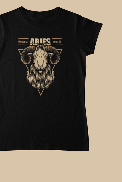 Aries Zodiac Illustration Black T-Shirt For Women - ATOM