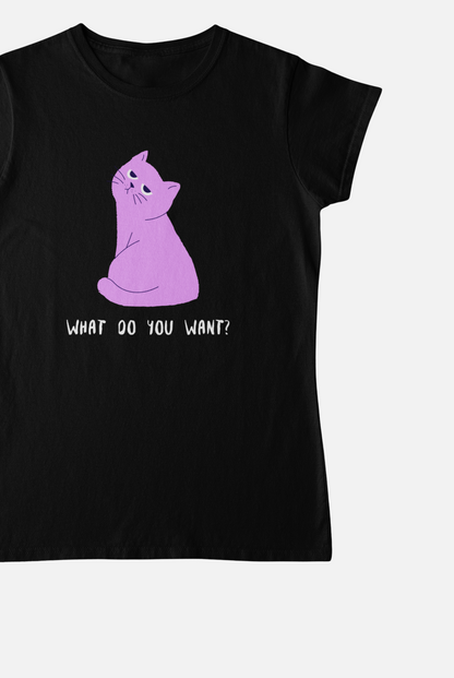Purple Cat Black Round Neck T-Shirt for Women