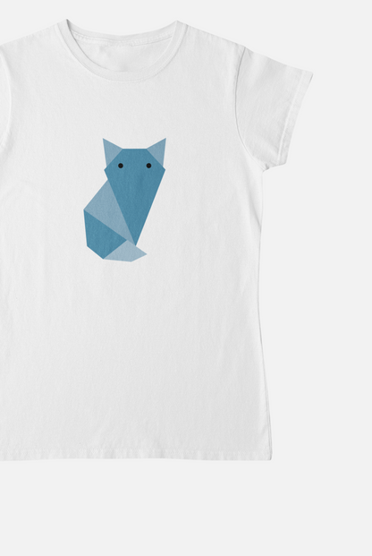 Blue Cat White Round Neck T-Shirt for Women