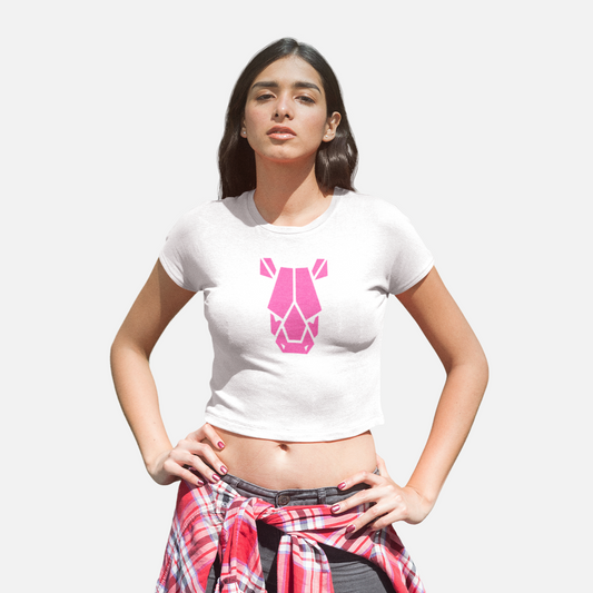 Pink Robot Face White Round Neck Crop Top for Women