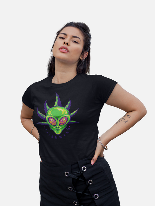 Green Alien Black Round Neck T-Shirt for Women. 