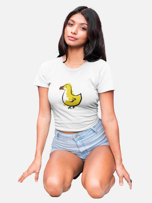 Yellow Duck White Round Neck Crop Top for Women