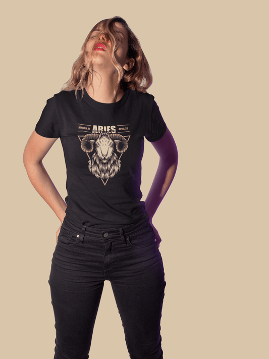 Aries Zodiac Illustration Black T-Shirt For Women - ATOM