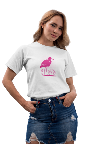 Flamingo White Round Neck T-Shirt for Women