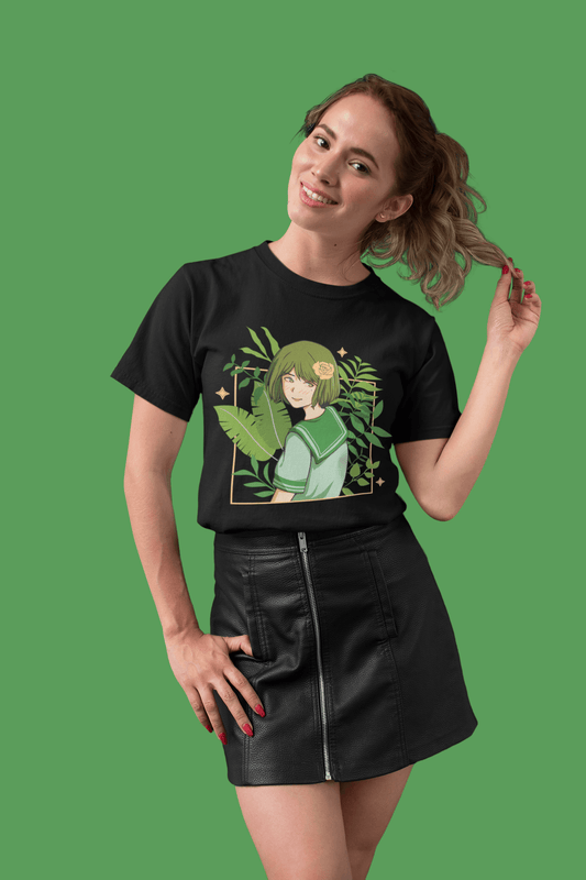 Anime Girl With Yellow Rose Black T-Shirt For Women - ATOM