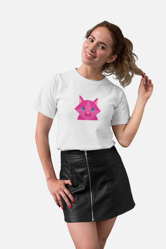 Angry Cat White Round Neck T-Shirt for Women