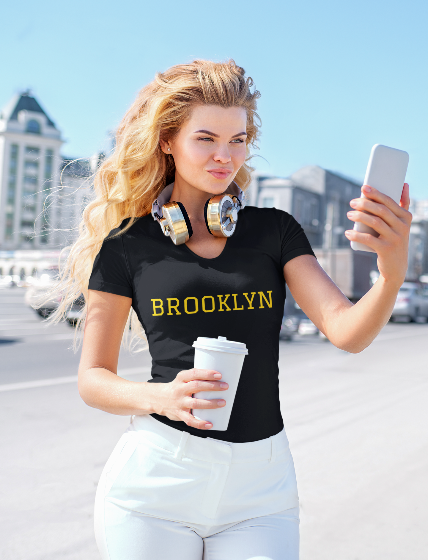 Brooklyn Yellow Font Black Round Neck T-Shirt for Women. 
