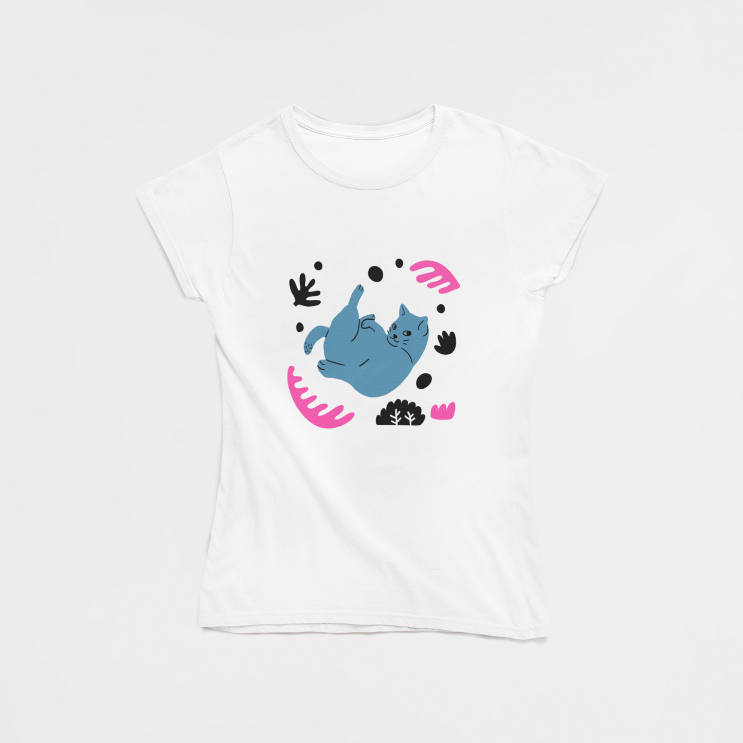 Blue Cat White Round Neck T-Shirt for Women. 