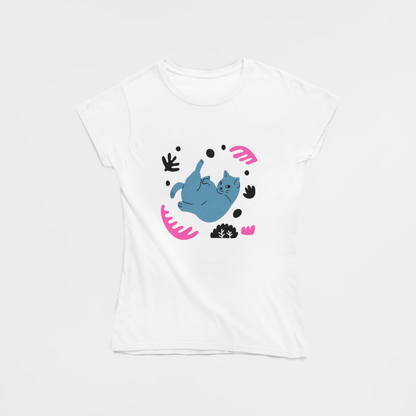 Blue Cat White Round Neck T-Shirt for Women. 