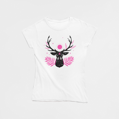 Black Deer head White Round Neck T-Shirt for Women. 