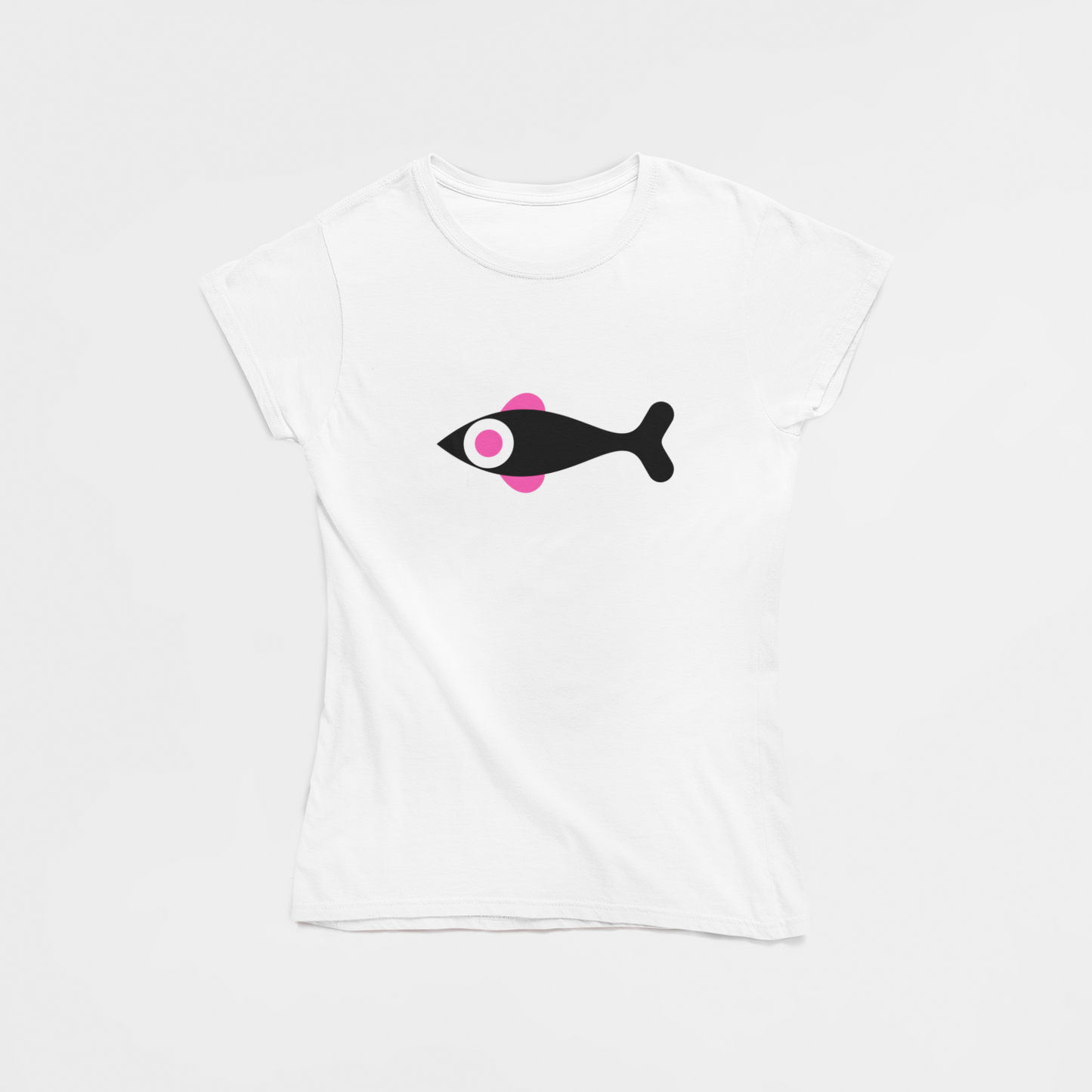 Pink Eye Fish White Round Neck T-Shirt for Women. 