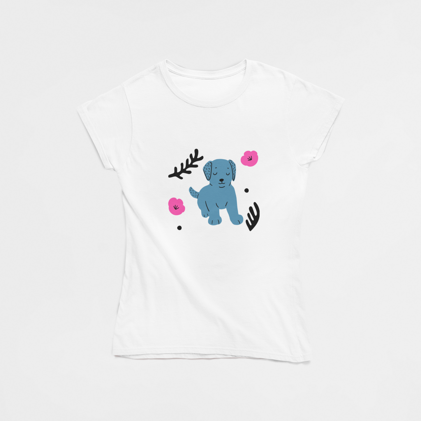 Blue Dog White Round Neck T-Shirt for Women. 
