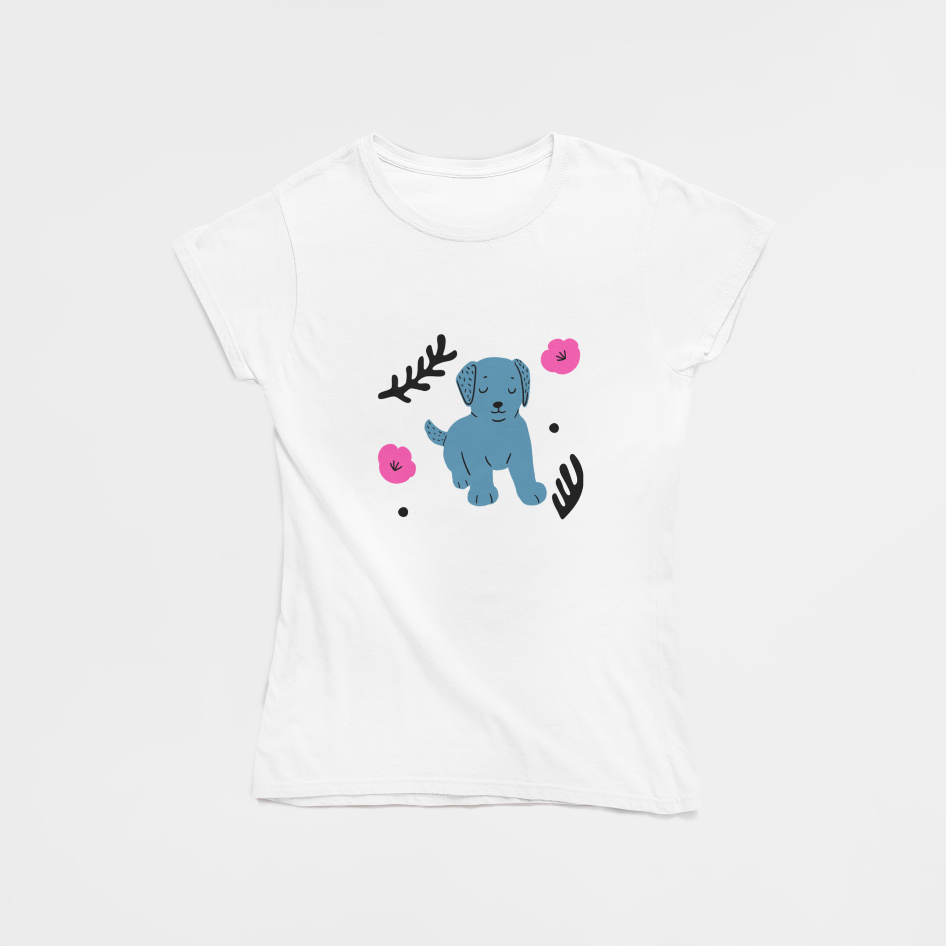 Blue Dog White Round Neck T-Shirt for Women. 